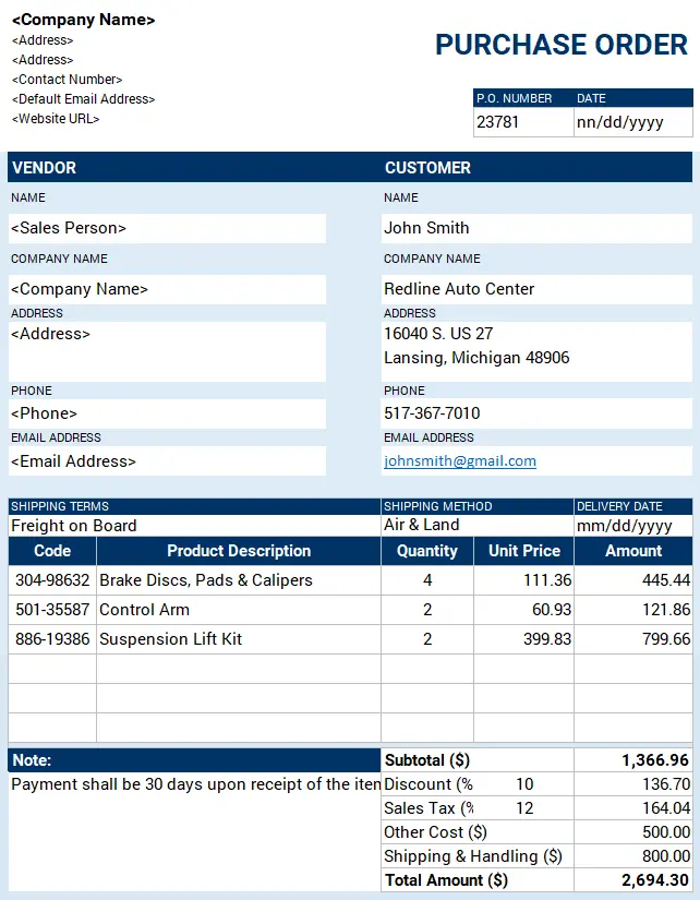 Purchase Order Template with example